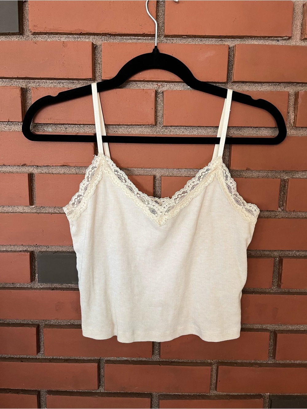 Superdry Cream Ribbed Lace-Trim CropTop